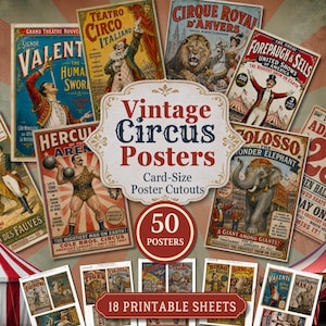Puede incluir: Una colección de 50 recortes de carteles de circo antiguos con varios artistas y animales, incluidos un león, un elefante y un forzudo. El conjunto incluye 18 hojas imprimibles con ilustraciones coloridas y detalladas y texto de espectáculos clásicos.