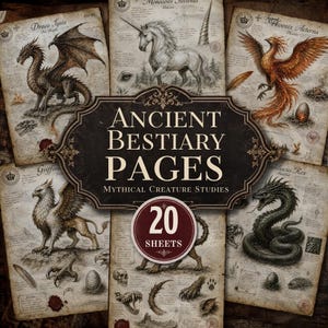 Puede incluir: Una colección de veinte páginas estilo pergamino tituladas Ancient Bestiary Pages Mythical Creature Studies, que presentan ilustraciones detalladas a tinta de un dragón, unicornio, fénix, grifo y basilisco con texto descriptivo y bocetos.