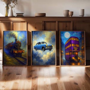 May include: Three framed art prints. The first shows a steam train on tracks, the second a blue car in the clouds, and the third a purple double-decker bus with "Knight Bus" text. All are set against a blue and yellow sky.