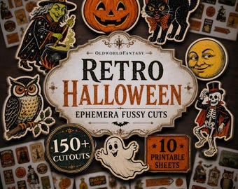 May include: A collection of vintage-style Halloween ephemera fussy cuts featuring a witch, pumpkin, black cat, moon, owl, skeleton, and ghost. The central label reads OldworldFantasy Retro Halloween Ephemera Fussy Cuts 150+ Cutouts 10 Printable Sheets.