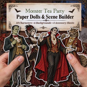 Puede incluir: Un set de muñecos de papel y constructor de escenas Monster Tea Party con 18 personajes, 6 fondos y 4 hojas de accesorios. Incluye figuras de papel recortadas de un monstruo de piel verde, un vampiro y un hombre lobo con ropa formal.