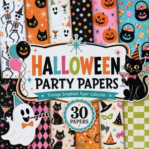 Puede incluir: Una colección de 30 hojas de papel para álbumes de recortes Halloween Party Papers con patrones vintage de esqueletos, gatos negros, fantasmas, calabazas y motivos de fiesta. La etiqueta central muestra el texto Halloween Party Papers.