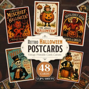 Puede incluir: Una colección de 48 postales retro de Halloween con ilustraciones vintage de diablos, esqueletos y niños con disfraces de calabaza. La etiqueta central dice Retro Halloween Postcards Vintage Printable Cards Cutouts 48 Cards 12 jpg sheets.