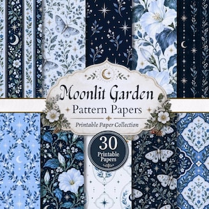 Puede incluir: Una colección de 30 papeles con patrones imprimibles titulada Moonlit Garden. Los diseños presentan fondos azul oscuro y azul claro con ilustraciones botánicas de flores, hojas, polillas, lunas crecientes y estrellas.