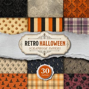 Puede incluir: Una colección de 30 papeles digitales para álbumes de recortes con varios patrones temáticos de Halloween, incluyendo calabazas, fantasmas, sombreros de bruja, cuadros, rayas y estampados damasco en negro, naranja, crema y morado con el texto RETRO HALLOWEEN.