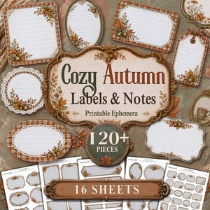 Op de afbeelding: Een verzameling printbare ephemera getiteld Cozy Autumn Labels & Notes, bestaande uit meer dan 120 stuks op 16 vellen. De set bevat diverse decoratieve labels en notitiekaarten versierd met herfstbladeren, eikels en ruitpatronen in bruintinten.