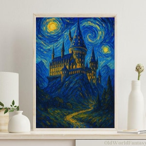 Wizard Castle Starry Night Print, Magical School Wall Art, Fantasy Castle Painting, Van Gogh Inspired Art, Digital Download Poster, Harry