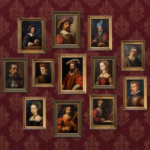 May include: A wall gallery of 12 framed portraits of people in various poses and clothing. The portraits are all in gold frames and are arranged in a grid pattern. The background is a dark red with a floral pattern.