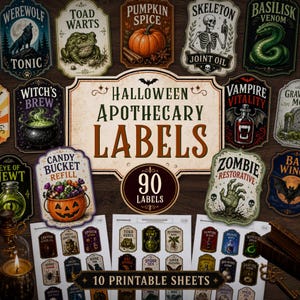 Puede incluir: Una colección de 90 etiquetas de boticario de Halloween con ilustraciones espeluznantes como un hombre lobo, sapo, calabaza, esqueleto, serpiente y mano de zombi, con el texto Halloween Apothecary Labels y 10 Printable Sheets.