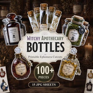 Witchy Apothecary Bottles: Vintage Potion Bottle Fussy Cuts,  Printable Ephemera Pack (Digital Download)