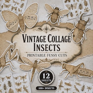 May include: A collection of printable paper cutouts featuring insects and butterflies with a vintage aesthetic. The designs incorporate musical notation, numbers, and aged paper textures. The central label reads VINTAGE COLLAGE INSECTS PRINTABLE FUSSY CUTS, 12 SHEETS, 100+ INSECTS.