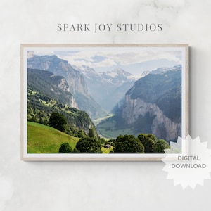 Lauterbrunnen Valley 2 of Waterfalls Summer Fine Art Print, Swiss Alps Photography, European Nature, DIGITAL DOWNLOAD, Printable Wall Decor