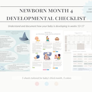 May include: A printable developmental checklist for babies in their fourth month, with illustrations of a shark, a baby, and a mirror. The checklist includes sections for movement, communication, social and emotional, mental growth, activities for development, weekly sleep log, and an example daily schedule.