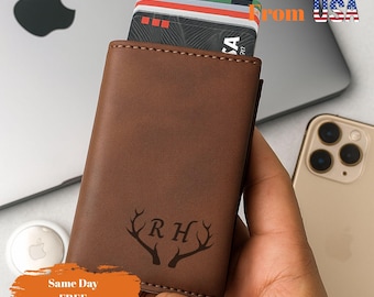 Personalized Leather Pop-Up Wallet, Slim RFID Card Holder, Engraved Groomsmen Gift