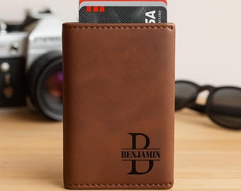 Personalized Slim Wallet, Engrave Leather Wallet for Men, Ideal Gift for Husband, Dad, Boyfriend, or Son | Birthday