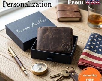 Personalized Leather Wallet, Engraved Genuine Leather Custom Wallet, Anniversary Gift For Him, Husband, Boyfriend, Men, Father, Dad