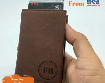 Engraved Leather Pop Up Wallet, RFID Minimalist Card Holder, Gift for Dad