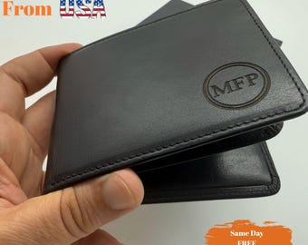 Personalized Leather Wallet for Dad Engraved Mens Bifold Wallet Fathers Day Gift Minimalist Slim