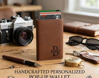 Personalized Leather RFID Pop-Up Wallet for Men, Custom Engraved Card Holder, Groomsmen Gift