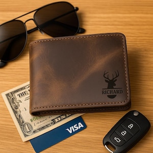 Cartera de cuero personalizada para hombre, regalo para aniversario, graduación, papá, novio, él, esposo, padre, billetera personalizada grabada a mano
