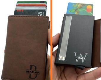RFID Pop-Up Leather Wallet for Men, Custom Engraved Card Holder, Slim Minimalist Wallet
