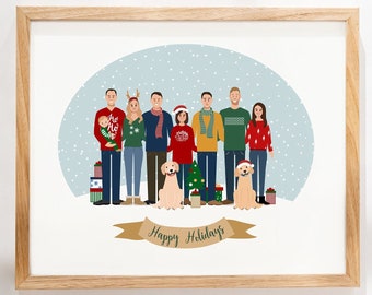 Christmas Family Gift, Personalized Portrait Illustration, Family Drawing, Xmas illustration, Pet Portrait, Christmas Decor, Digital Card