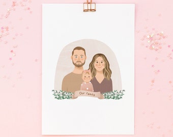 Custom Family Portrait Illustration with Pets, Watercolor Couple Drawing, Gift for Him, Gift for Her, Husband Print, Boyfriend Gift