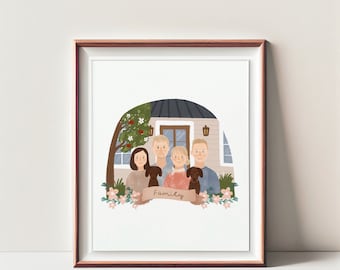 Ilustración personalizada de retrato familiar del Día de la Madre/Día del Padre con mascota, lindos regalos de pareja, dibujo de retrato a partir de una foto, pintura familiar