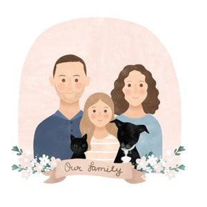 Personalized Family Portrait Illustration with Pet, Mothers Day Artwork, Mother's Day Gift, Portrait Drawing from Photo, Father's Day Gift