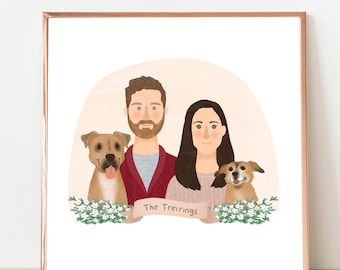 Personalized Couple Portrait with Pets, Custom Family Illustration, Custom Gift for Him, Birthday/Wedding/Anniversary/Birthday/Easter Gift