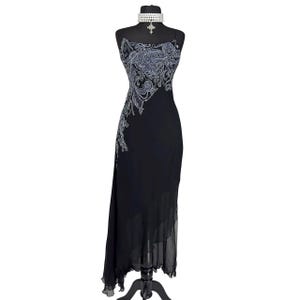 Vintage Silk Black Beaded Dress , Open Back Silk Dress , Floor Length Occasion Dress