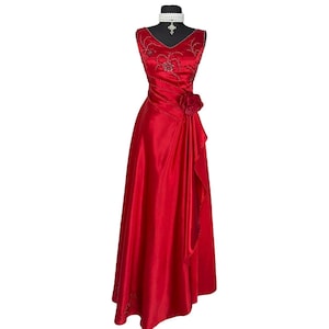 Vintage Red Satin Prom Dress , 90s Red Beaded Embroidery Floor Length Gown