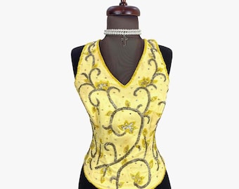 Vintage 90s Iridescent Beaded Halter neck Yellow Corset Top