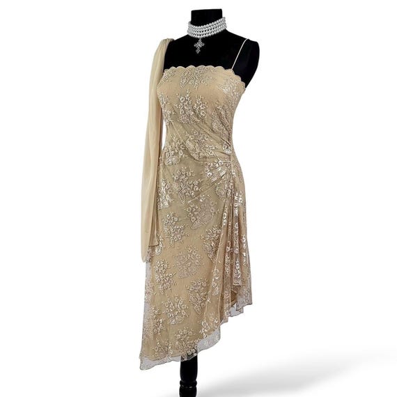 Vintage Cream Lace Prom Dress: Beaded Asymmetric Evening Gown, Size XS