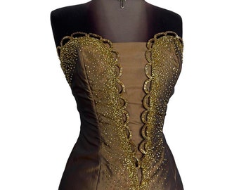 Vintage Bronze Taffeta Ballgown: Beaded Embroidery Prom Dress