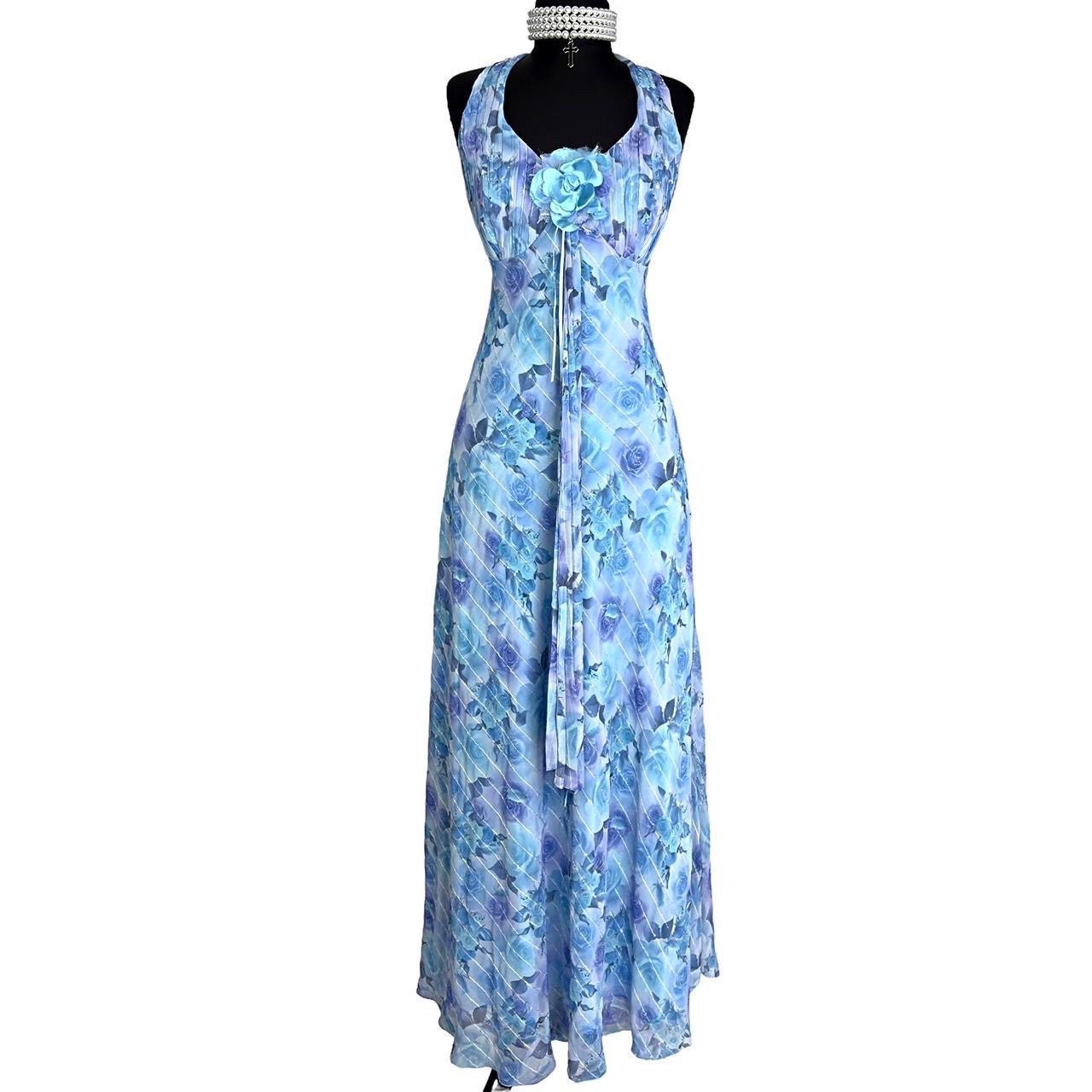 y2k blue floral long dress , vintage summer dress with sequin embroidery