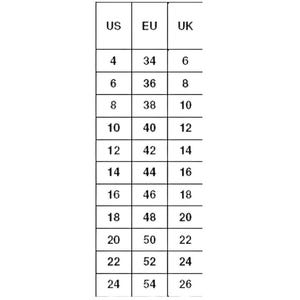 Puede incluir: Un gr&aacute;fico blanco que muestra las conversiones de tallas de ropa entre las tallas de EE. UU., la UE y el Reino Unido. El gr&aacute;fico incluye tallas de EE. UU. 4 a 24, con las tallas de la UE y el Reino Unido correspondientes. El gr&aacute;fico est&aacute; dise&ntilde;ado para ayudar a los clientes a encontrar el ajuste correcto.
