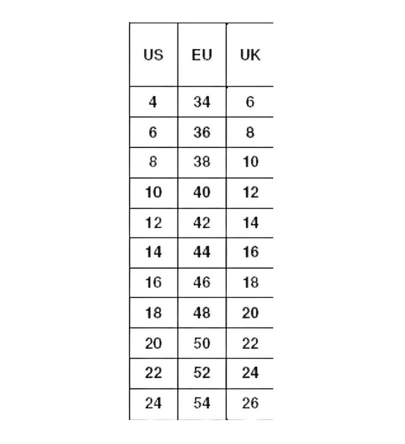 Puede incluir: Un gr&aacute;fico blanco que muestra las conversiones de tallas de ropa entre las tallas de EE. UU., la UE y el Reino Unido. El gr&aacute;fico incluye tallas de EE. UU. 4 a 24, con las tallas de la UE y el Reino Unido correspondientes. El gr&aacute;fico est&aacute; dise&ntilde;ado para ayudar a los clientes a encontrar el ajuste correcto.