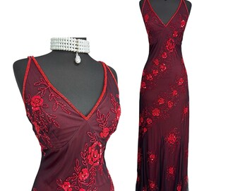 Vintage Y2K Beaded Prom Dress, Floral Embroidered Mesh Evening Gown