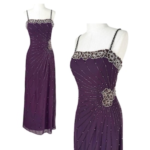 A purple evening gown on a mannequin, shown from the front in two side-by-side views.