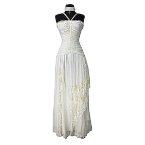 Vintage White Lace Fairycore Evening Dress, Renaissance Boho Goddess Floor Length Gown