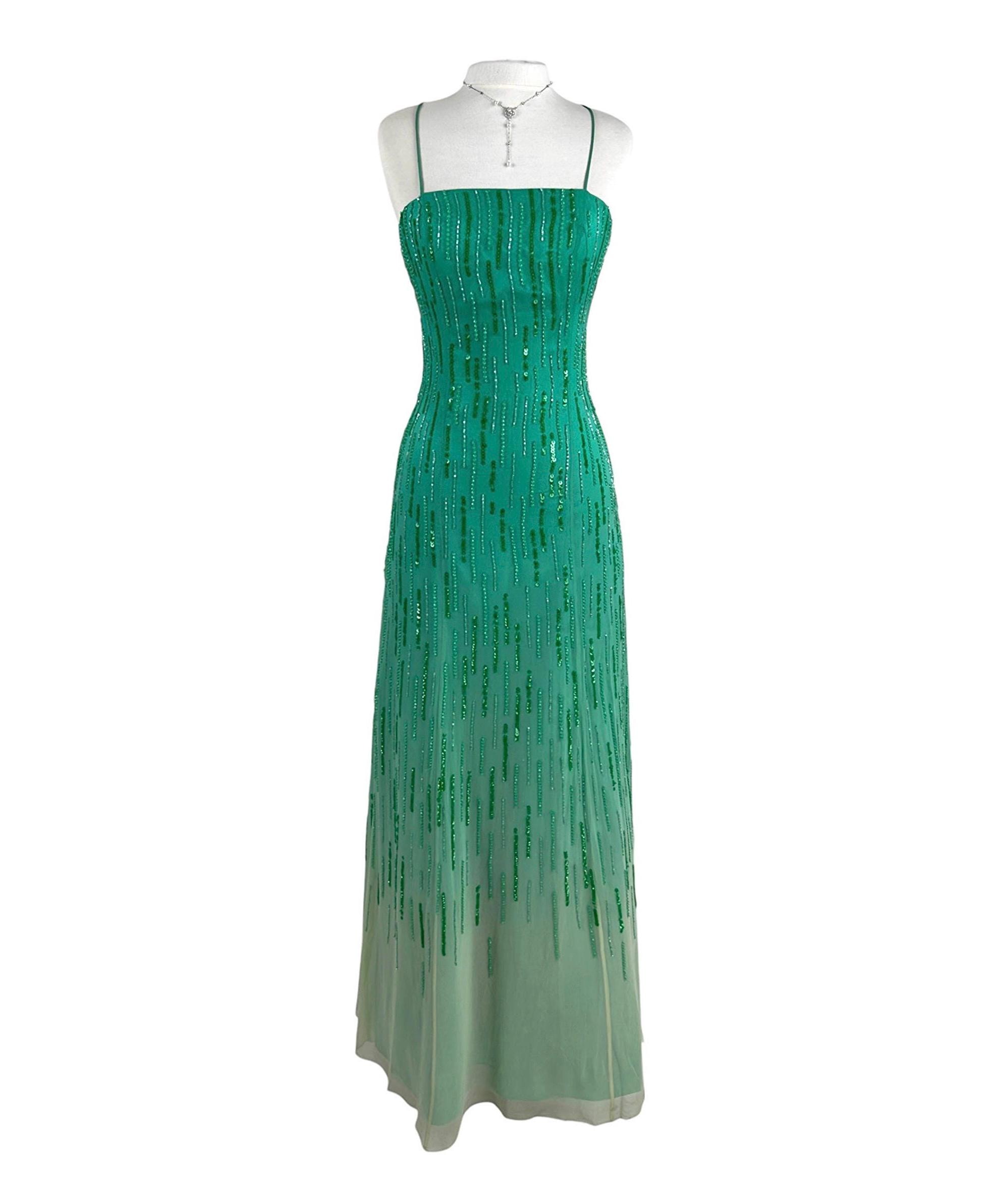 Vintage Silk Beaded Prom Dress, Emerald Green Ombre Maxi Gown, Open Back Evening Dress