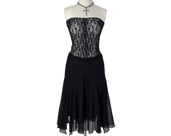Vintage zwarte kanten korset asymmetrische jurk: Y2K chiffon gelegenheidsjurk