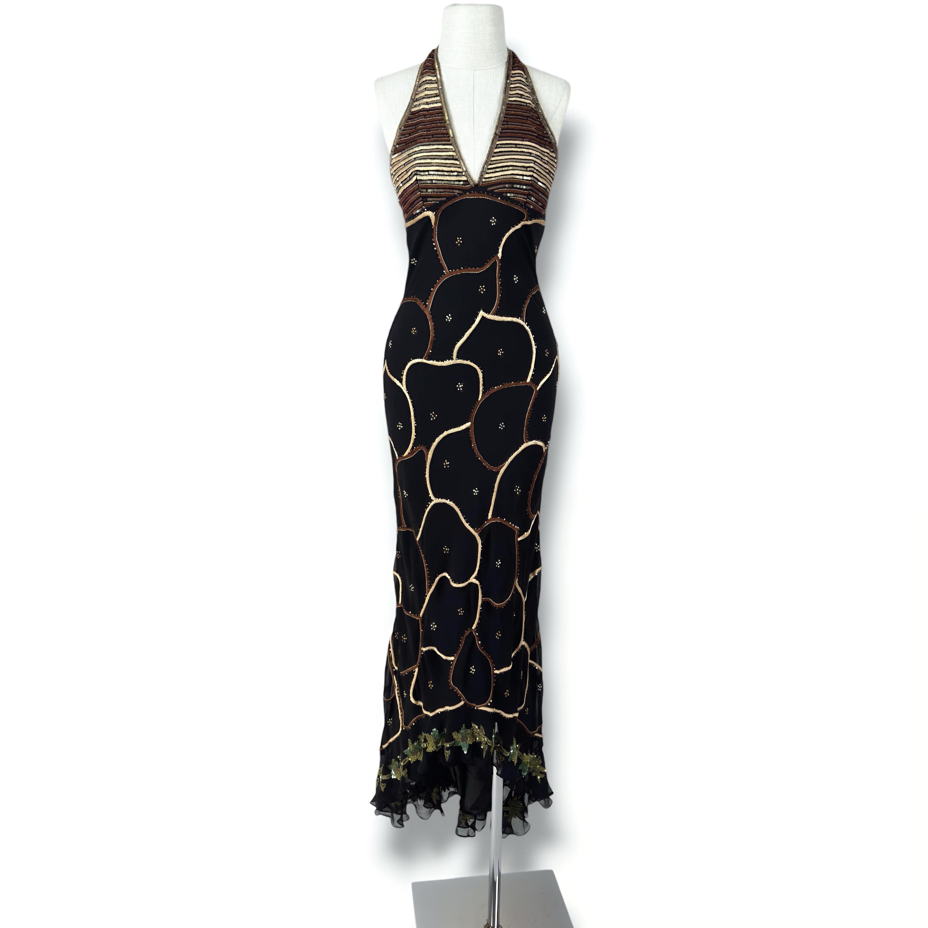 aftershock beaded dress Vintage Silk Halter Maxi Dress, Sequin Embellished Black Evening Gown home coming satin gown Long Wrap Around Kimono Size:dress size pants38