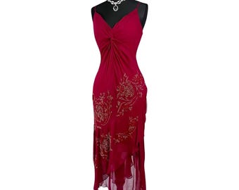 Vintage Silk Beaded Cocktail Dress: 3D Floral Applique, Asymmetric Hem, Size M