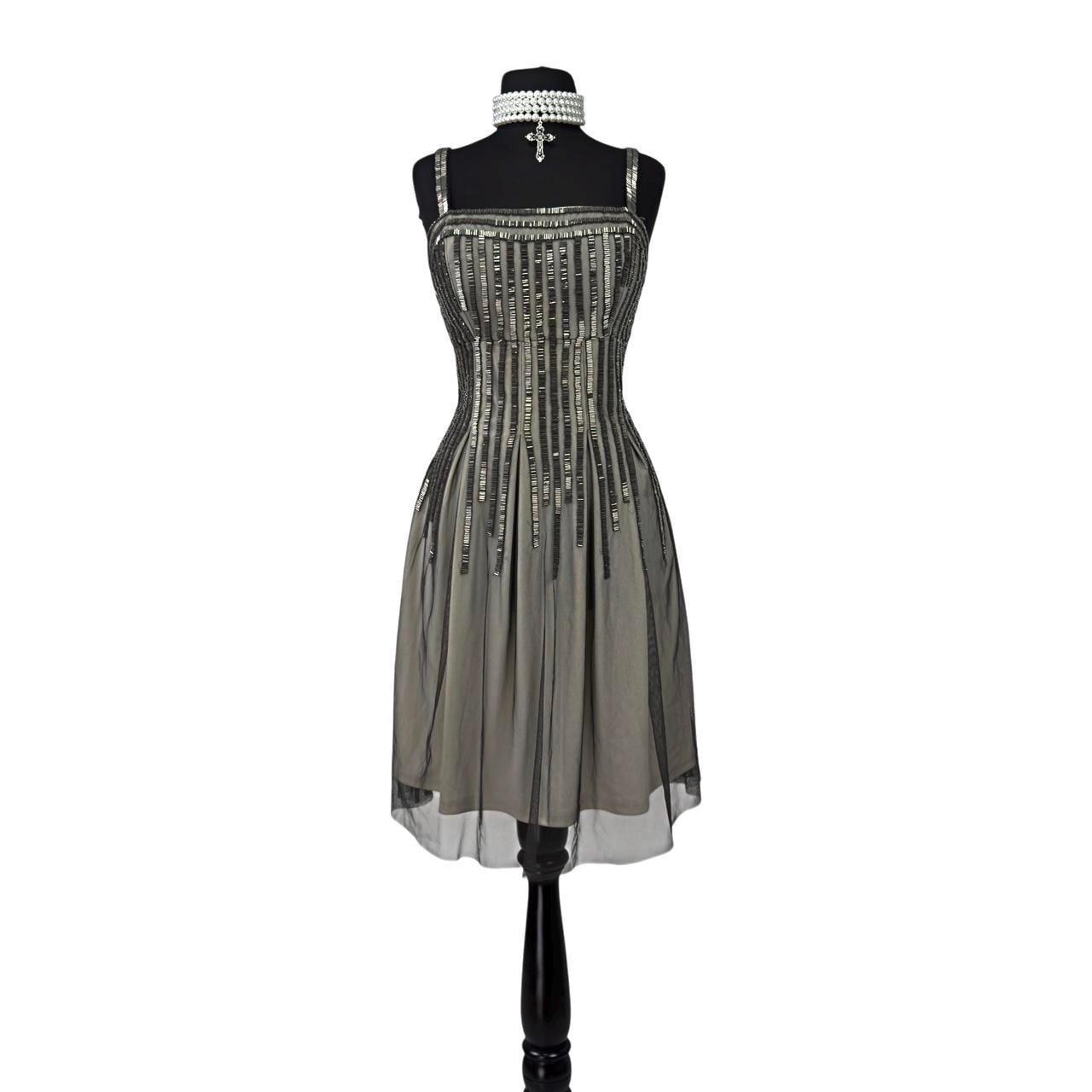 Vintage Mesh Layered Mini Dress , Beaded Embroidery Mini Dress