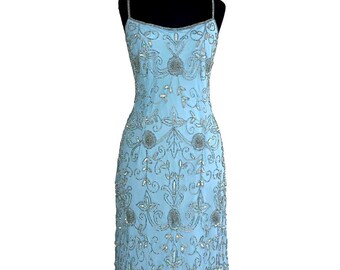 sachin and babi light blue dress Vintage Sue Wong Gold and Tan Beaded Detail Lace Trim Tight Fitting  Mid-length Cocktail Dress