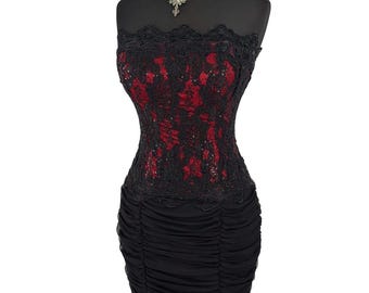 Vestido de fiesta vintage gótico de encaje con capas y sin tirantes: rojo y negro, estilo burlesque, talla M