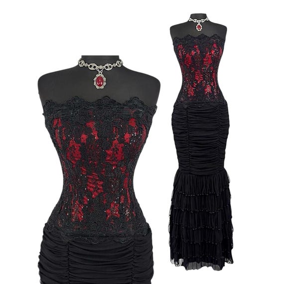 Vintage Gothic Lace Layered Strapless Prom Dress, Red ' Black Burlesque Style Evening Gown