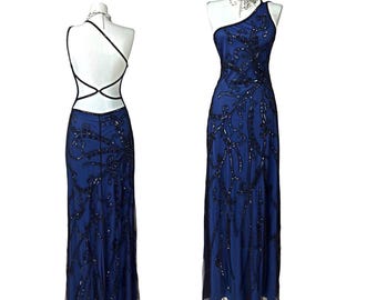 sz XS| Vintage Beaded Embroidery Prom Dress: Open Back, One Shoulder, Navy Blue